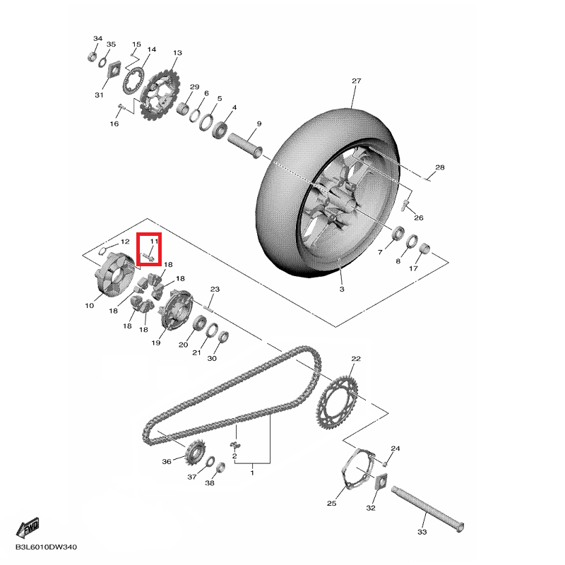 OEM Yamaha Rear Wheel Hub Bolt, Flange YZF-R1 2015-2022